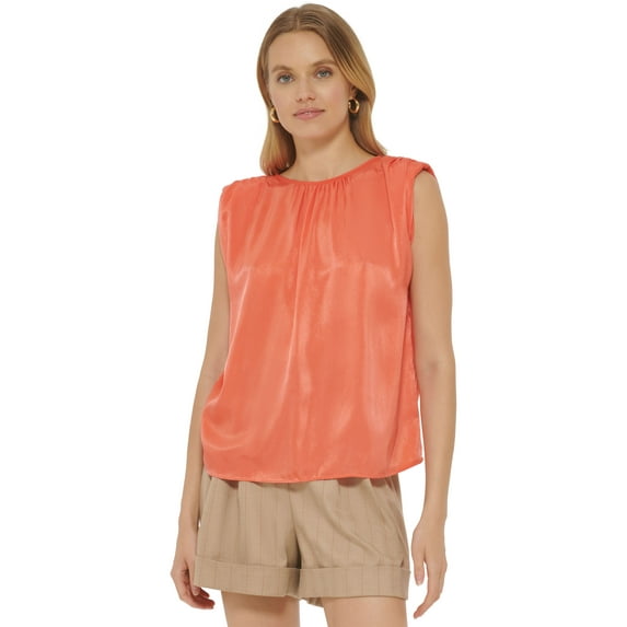 Women's Solid Satin Crewneck Shoulder-Pad Top Persimmon M