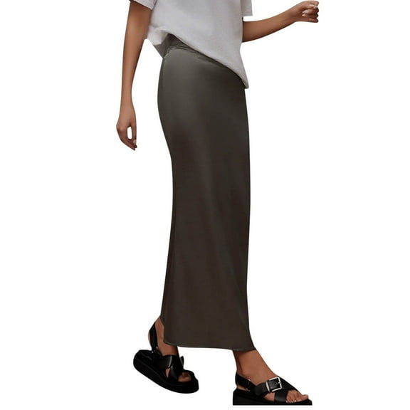 Women's Solid Satin High Waist Midi Long Fishtail Skirt Hidden Elastic Waistband Skirts