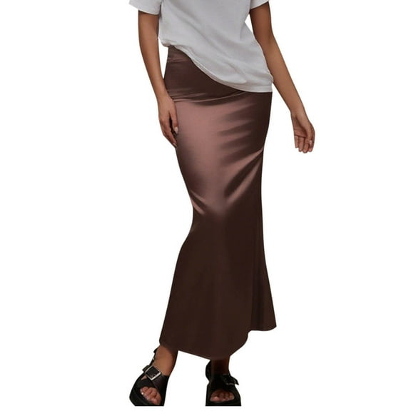 Women's Solid Satin High Waist Midi Long Fishtail Skirt Hidden Elastic Waistband Skirts
