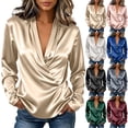 thumbnail image 1 of Women's Solid Satin Surplice Wrap V Neck Long Sleeve Blouse, Irregular Ruched Waist Elegant Casual Shirt for Spring Fall Gold XL(XL), 1 of 9