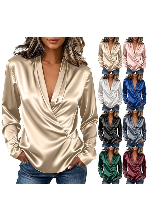 Women's Solid Satin Surplice Wrap V Neck Long Sleeve Blouse, Irregular Ruched Waist Elegant Casual Shirt for Spring Fall Gold XL(XL)