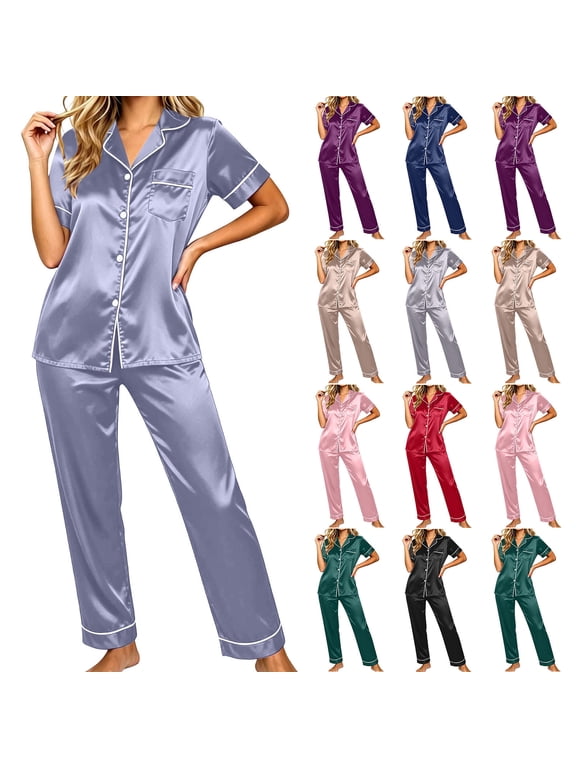Women's Solid Satin Two Piece Pajama Sets, Notch Collar Button Front Short Sleeve Top & Straight Long Pants, Elegant Piping Pocket Design Hotel Style Daily | TruHer,Beige M