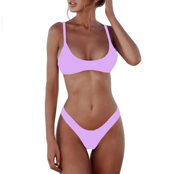 Women's Solid Scoop Neck Push Up Padded Brazilian Thong Bikini Swimsuit Bathing Suit