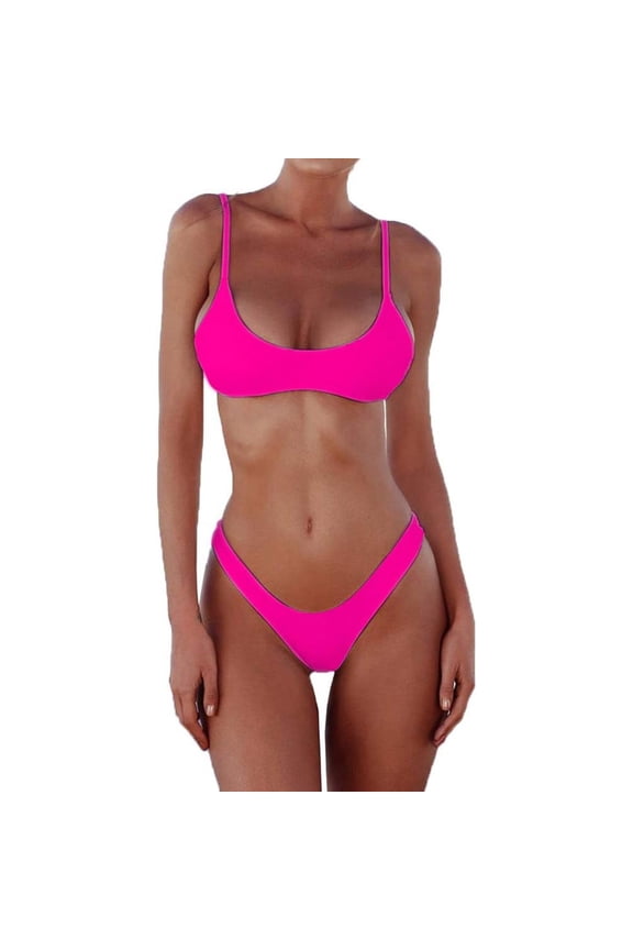 Women's Solid Scoop Neck Push Up Padded Brazilian Thong Bikini Swimsuit Bathing Suit