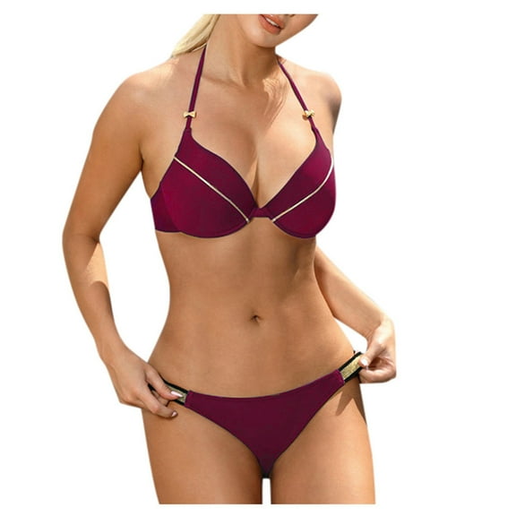 Women's Solid Scoop Neck Push Up Padded Brazilian Thong Bikini Swimsuit Bathing Suit