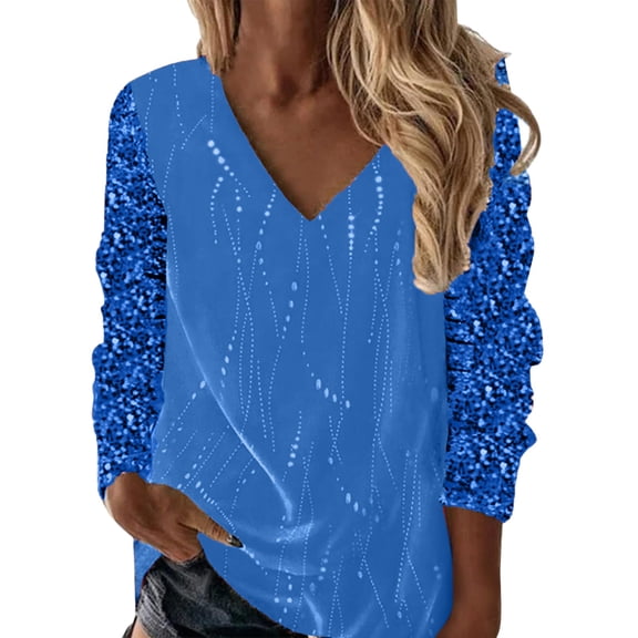 Women's Solid Sequins Tops Casual V Neck Long Sleeve Blouses Imitation Sequin Digital Printed Loose Pullover T Shirt A-Blue M