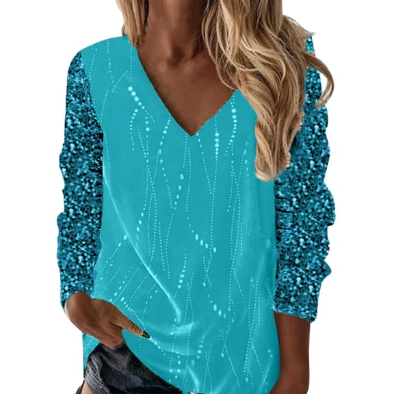 Women's Solid Sequins Tops Casual V Neck Long Sleeve Blouses Imitation Sequin Digital Printed Loose Pullover T Shirt A-Green M