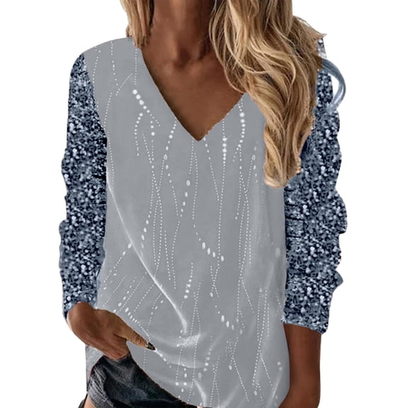 Women's Solid Sequins Tops Casual V Neck Long Sleeve Blouses Imitation Sequin Digital Printed Loose Pullover T Shirt A-Grey XL