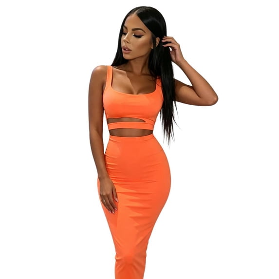 Women's Solid Sexy Spaghetti Strap 2‑Piece Dress Set Hollow‑Out Waist Ruched Bodycon Pencil Long Skirt Outfit for Party Gathering