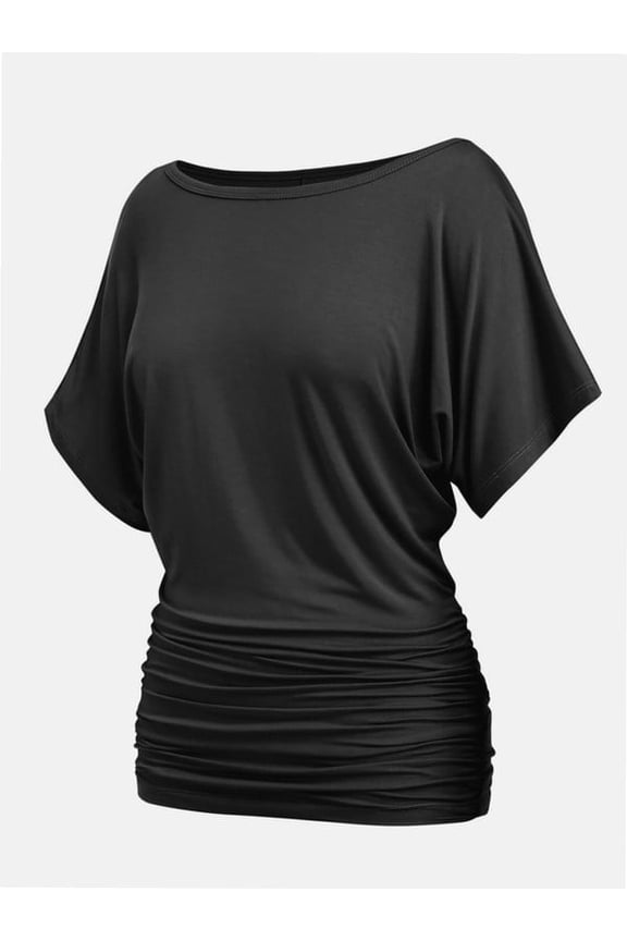 Women's Solid Short Sleeve Boat Neck Dolman Top with Side Shirring Trendy Casual Loose Fit T-Shirt