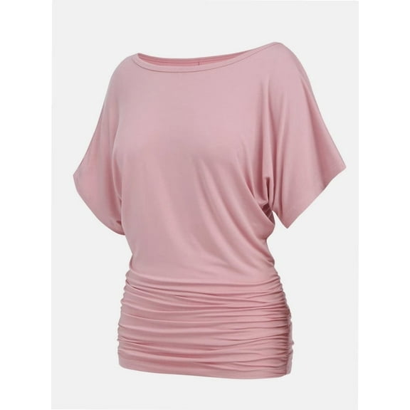 Women's Solid Short Sleeve Boat Neck Dolman Top with Side Shirring Trendy Casual Loose Fit T-Shirt