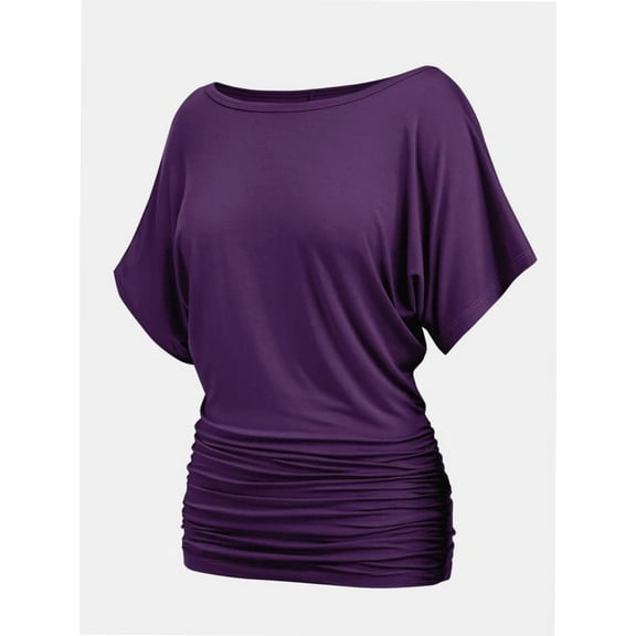 Women's Solid Short Sleeve Boat Neck Dolman Top with Side Shirring Trendy Casual Loose Fit T-Shirt