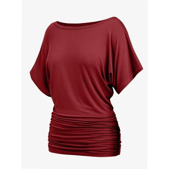 Women's Solid Short Sleeve Boat Neck Dolman Top with Side Shirring Trendy Casual Loose Fit T-Shirt