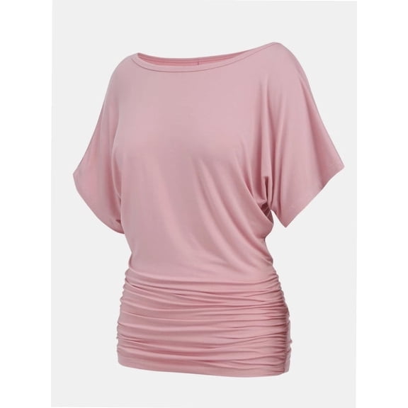 Women's Solid Short Sleeve Boat Neck Dolman Top with Side Shirring Trendy Casual Loose Fit T-Shirt