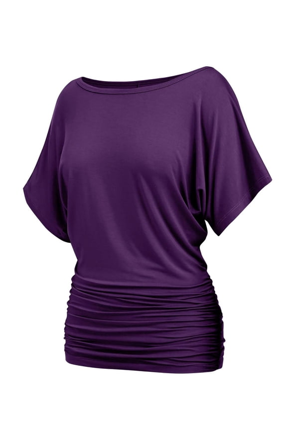 Women's Solid Short Sleeve Boat Neck Dolman Top with Side Shirring Trendy Casual Loose Fit T-Shirt