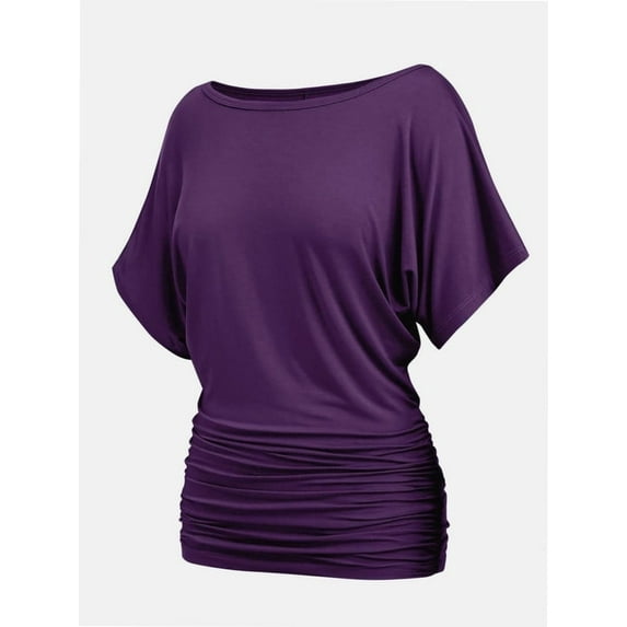 Women's Solid Short Sleeve Boat Neck Dolman Top with Side Shirring Trendy Casual Loose Fit T-Shirt
