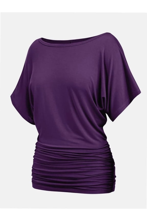 Women's Solid Short Sleeve Boat Neck Dolman Top with Side Shirring Trendy Casual Loose Fit T-Shirt