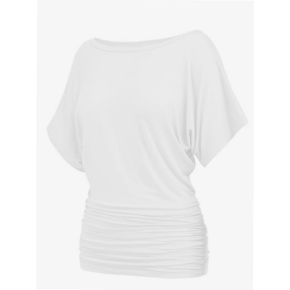Women's Solid Short Sleeve Boat Neck Dolman Top with Side Shirring Trendy Casual Loose Fit T-Shirt
