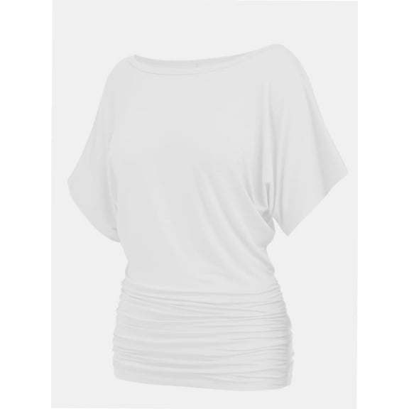 Women's Solid Short Sleeve Boat Neck Dolman Top with Side Shirring Trendy Casual Loose Fit T-Shirt