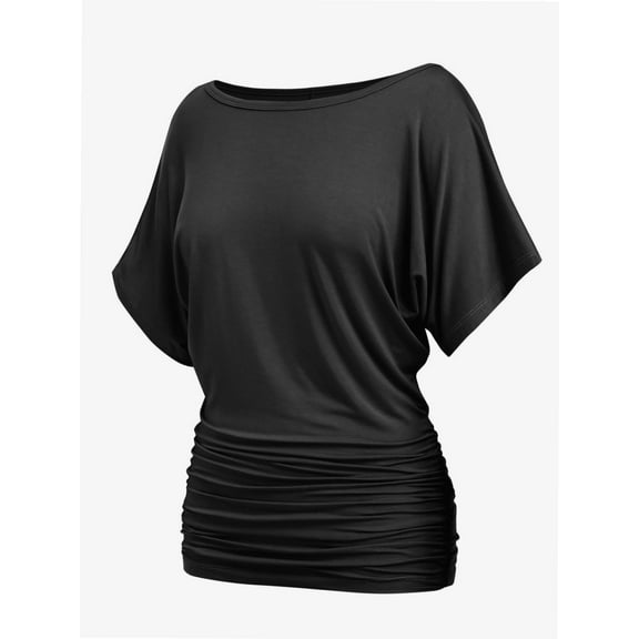 Women's Solid Short Sleeve Boat Neck Dolman Top with Side Shirring Trendy Casual Loose Fit T-Shirt