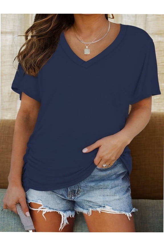 Women's Solid Short Sleeve Boat Neck V Neck Dolman Top with Side Shirring
