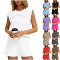 thumbnail image 1 of Women's Solid Short Sleeve Front Pleated Round Neck Top And Shorts Set, Polyester Blend Casual Two Piece Lounge Set, Soft Comfortable Vacation Matching Outfit, Everyday | TruBelle,White M, 1 of 9
