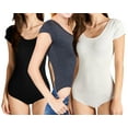 thumbnail image 1 of Women's Solid Short Sleeve Scoop Neck Cotton Bodysuit Leotard with Snap Crotch Bottom (3PK: BLACK/CHARCOAL/WHITE, S), 1 of 4