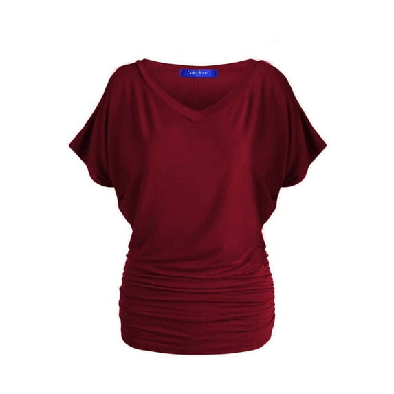Women's Solid Short Sleeve V Neck Dolman Top With Side Shirring Wine S