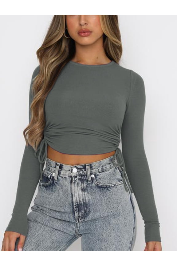 Women's Solid Side Drawstring Crew Neck Crop Tops Long Sleeve Pullover