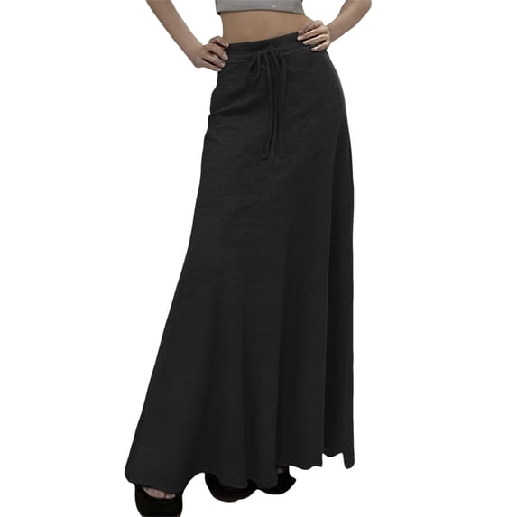 Women's Solid Skirt Elastic High Waisted Drawstring A Line Long Skirt Plus Size for Casual Summer Wear(Black,M)