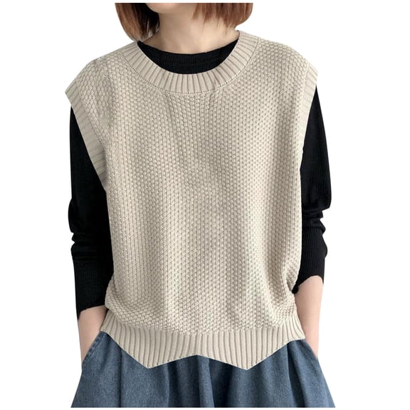 Women's Solid Sleeveless Crewneck Sweater Vest Trendy Ribbed Knit Pullover Loose Fit Split Hem Tops