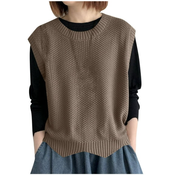 Women's Solid Sleeveless Crewneck Sweater Vest Trendy Ribbed Knit Pullover Loose Fit Split Hem Tops