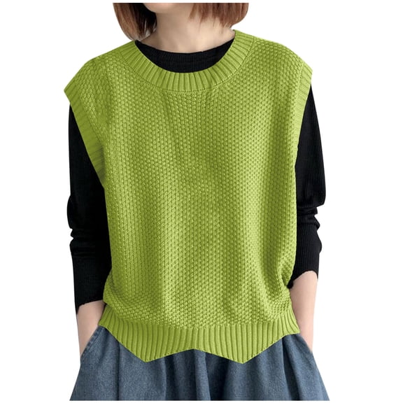 Women's Solid Sleeveless Crewneck Sweater Vest Trendy Ribbed Knit Pullover Loose Fit Split Hem Tops
