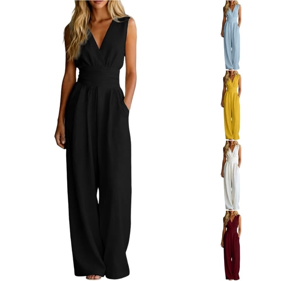 Women's Solid Sleeveless Jumpsuit, High Waist Wide Leg with Pockets, Relaxed Fit, Day to Night Style