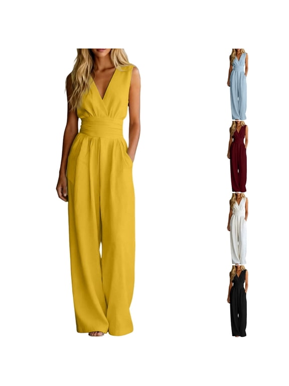 Women's Solid Sleeveless Jumpsuit, High Waist Wide Leg with Pockets, Relaxed Fit, Day to Night Style