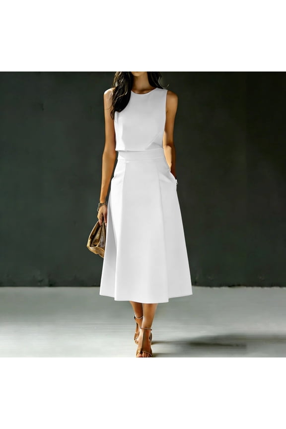 Women's Solid Sleeveless Round Neck Top and A-Line Midi Skirt Two Piece Set with Pockets for Office Formal Business Casual Outfit