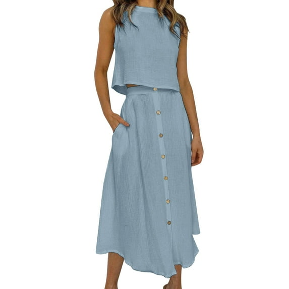 Women's Solid Sleeveless Top & Skirt Set - Cotton Two-Piece Long Dress, Elastic Waist, Casual Daily Outfit (Size S-XL)
