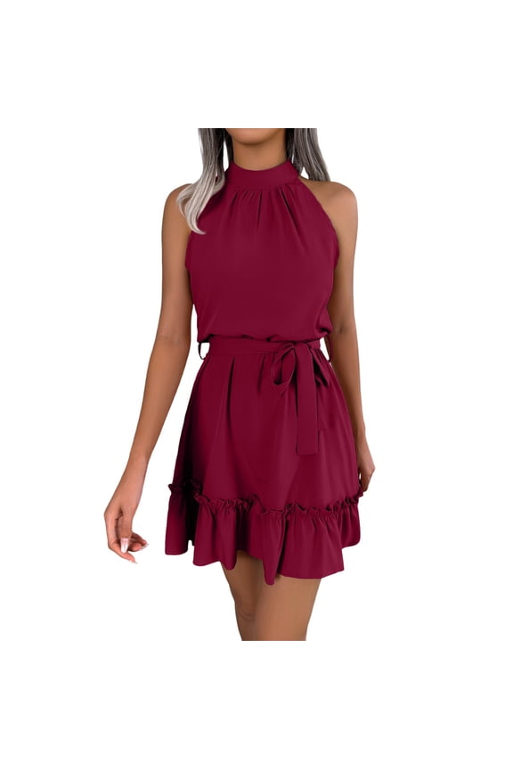 Women's Solid Sleeveless Waist Defining Ruffled A Line Skirt Red M