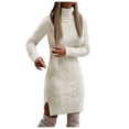 thumbnail image 1 of Women's Solid Slim Fit Long Sleeve Sweater Dress - Knitted Lapel, Slit Hem - Polyester Spandex for Fall/Winter, 1 of 4