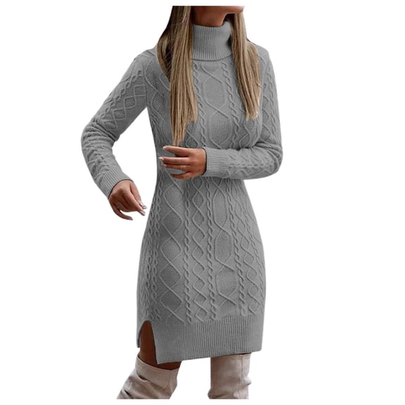 Women's Solid Slim Fit Long Sleeve Sweater Dress - Knitted Lapel, Slit Hem - Polyester Spandex for Fall/Winter