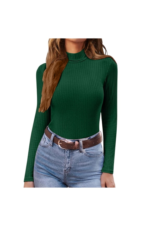 Women's Solid Slim Mock Turtleneck Long Sleeve Basic Tops Ribbed Knit Lightweight Pullover Sweater Stretch Fitted Thermal Top