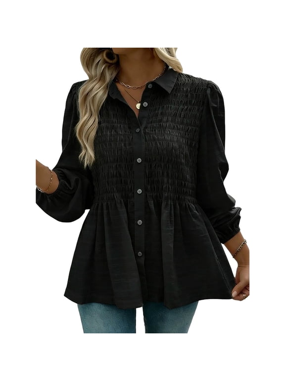 Women's Solid Smocked Button Down Shacket, Long Sleeve Loose Fit Elastic Cuffs Ruffle Hem Soft Casual Outerwear Spring Fall Black XXL