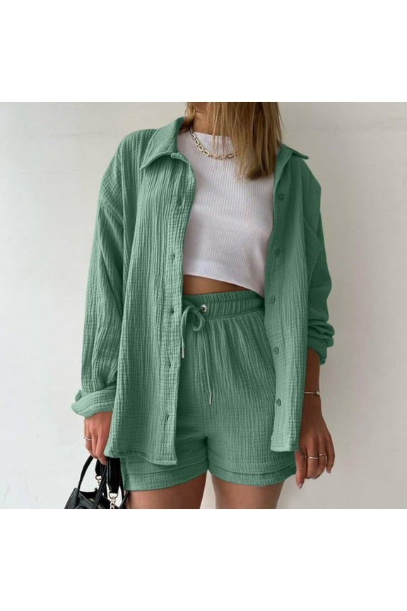Women's Solid Spring Long Sleeve Shirt High Waist Drawstring Shorts Large Fashion Casual Set Thick Women Bikini Thick Women Swimsuit plus Size Bathing Suit Cover Baying Suits Solid Board Shorts