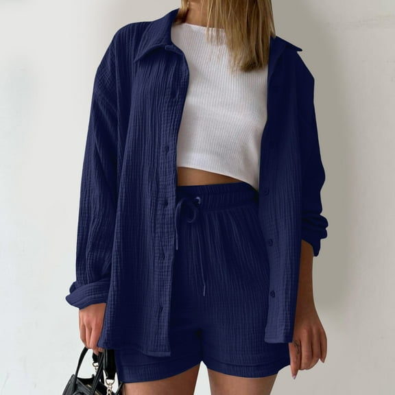 Women's Solid Spring Long Sleeve Shirt High Waist Drawstring Shorts Large Fashion Casual Set Womens Bikini Cover up Dress Womens Bathing Suits plus Women's Shorts for Swimming Denim Shorts Suit Women