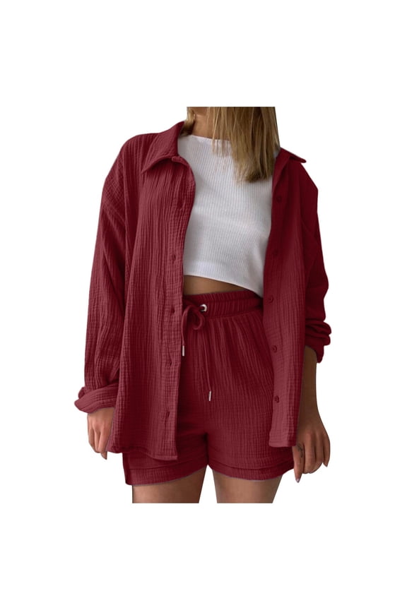 Women's Solid Spring Long Sleeve Shirt & High Waist Shorts Set - Polyester Comfortable Breathable, Casual Daily Wear, Asian Sizes S-XXL