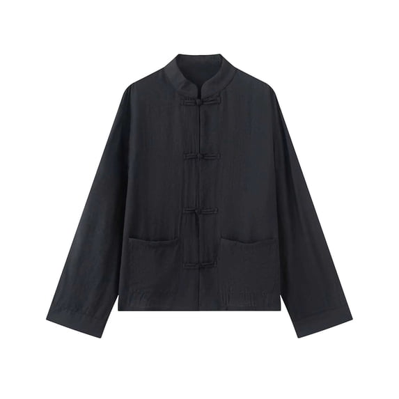Women's Solid Stand Collar Frog Button Jacket, Long Sleeve Casual Fashion Regular Outerwear Coat for Winter Daily Work Home Wear Black M(M)