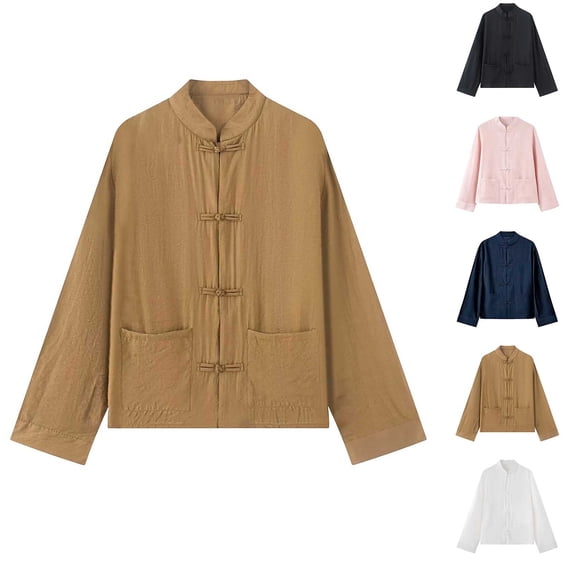 Women's Solid Stand Collar Frog Button Jacket, Long Sleeve Casual Fashion Regular Outerwear Coat for Winter Daily Work Home Wear Coffee S(S)