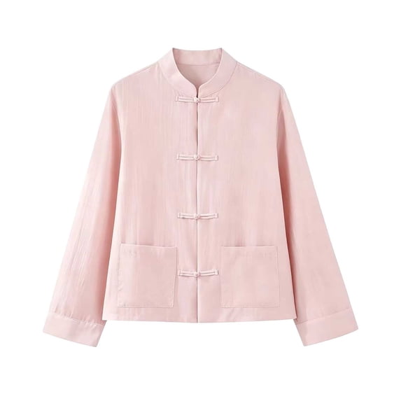 Women's Solid Stand Collar Frog Button Jacket, Long Sleeve Casual Fashion Regular Outerwear Coat for Winter Daily Work Home Wear Pink L(L)