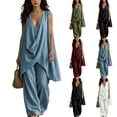 thumbnail image 1 of Women's Solid Stand Collar Sleeveless Draped Top Loose Harem Pants 2 Piece Outfit, Casual Beach Vacation Matching Set Sky Blue XL(XL), 1 of 7