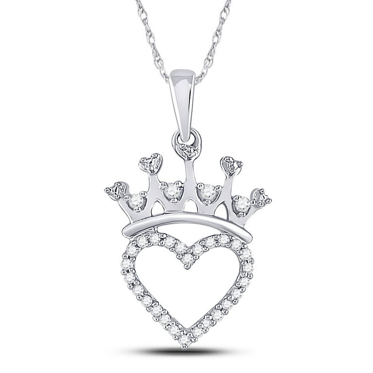Women's Solid Sterling Silver Round Diamond Crown Heart Pendant 1/10 Cttw